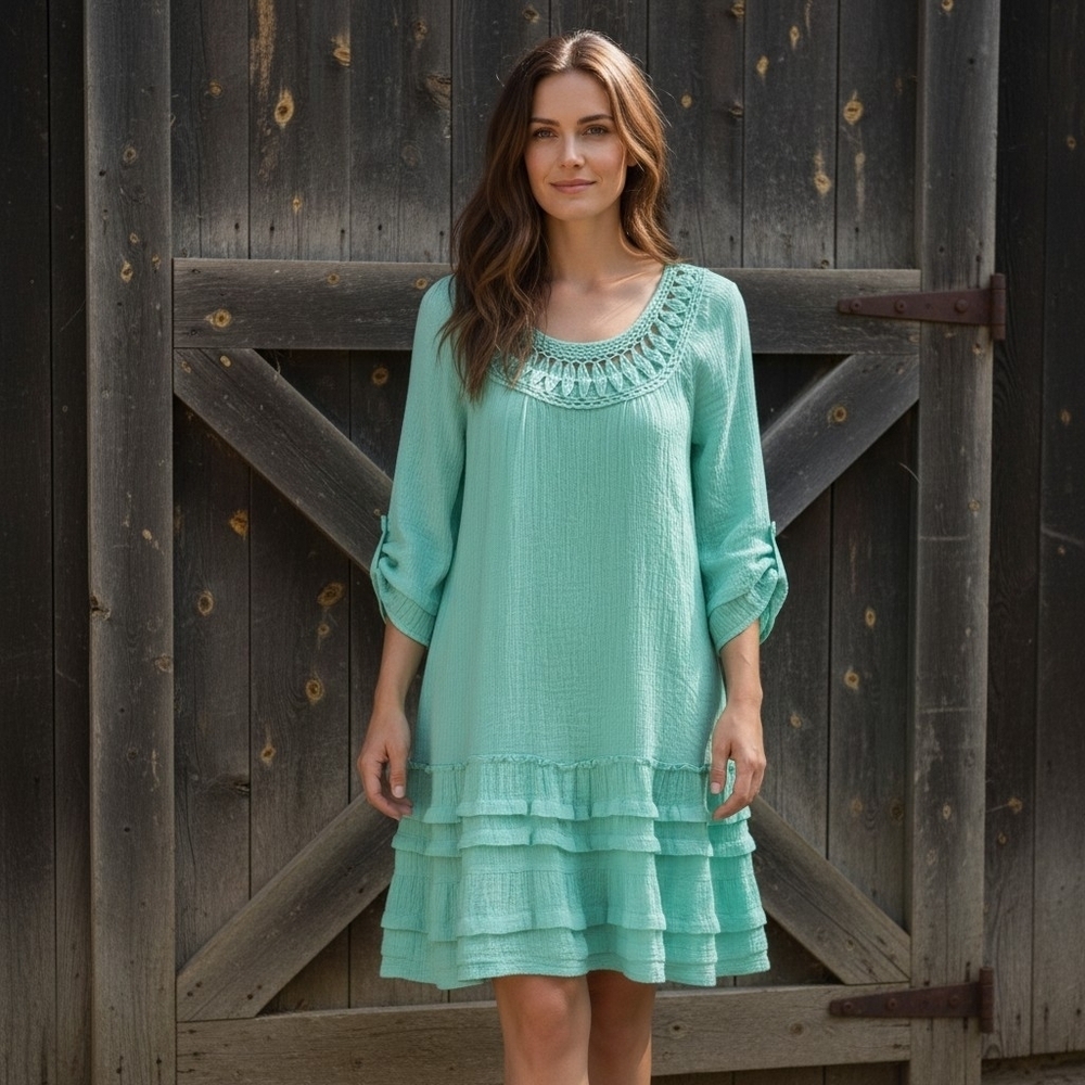 Entro Mint Green Knee Length Dress With Crochet Trim On Neck